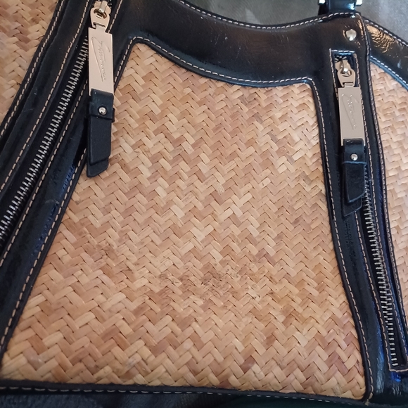 Etienne Collection Woven Rattan And Faux Black Leather Handbag - Picture 3 of 8